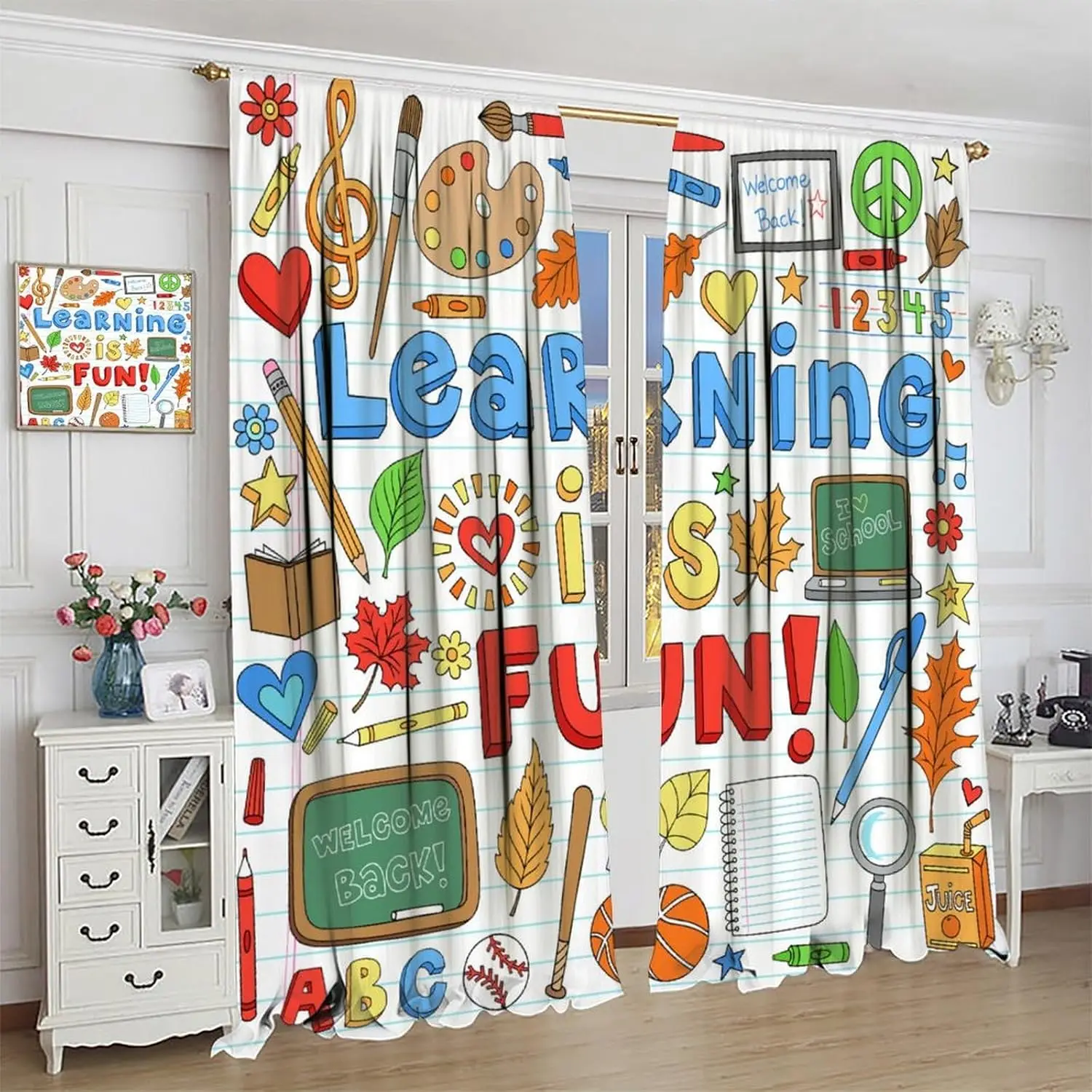 Learning is Fun Classroom Curtain Kids Educational Learning Window Treatments for Bedroom Cute Colorfu Back to School Theme