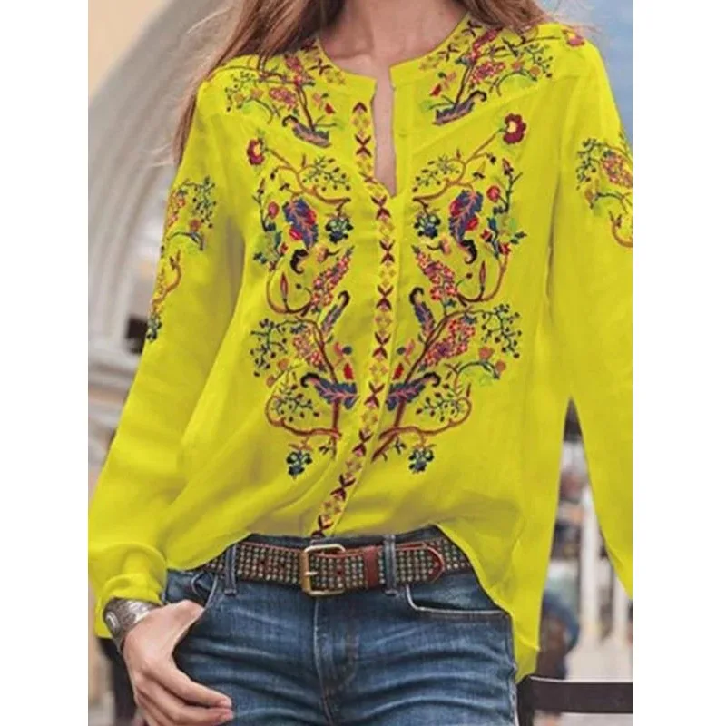 Women Bohemian Shirts Casual Long Sleeve Vintage Printing Blouse Top 2024 Spring Vintage Blouses