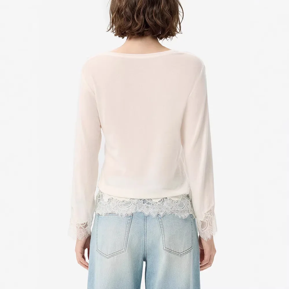 2026 Early Spring Pure Color Lace Trim Wool T Shirt Women Round Neck Long Sleeve y2k accessories crop top