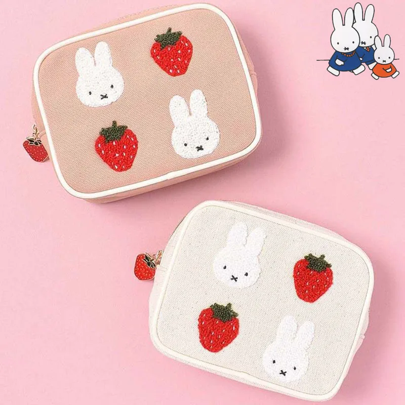 

Miffy Strawberry Series Cartoon Kawaii Pink Square Makeup Storage Bag Portable Embroidery Fashion Canvas Lipstick Suit Plush