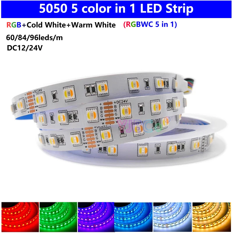 alto brilho led strip light fita lampada temperatura de cor smd 5050 dc 12v 24v 5m rgb mais cct smd 5050 60 96 leds por m rgb mais cw ww rgbwc 01