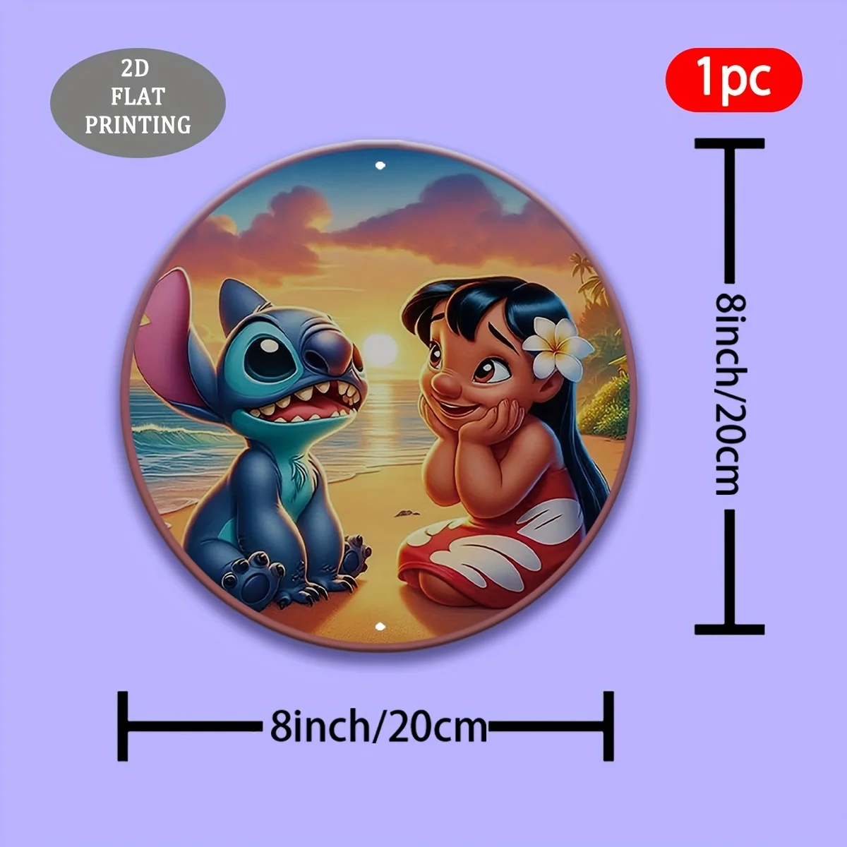 لافتة ألومنيوم دائرية مسطحة ثنائية الأبعاد، قطعة واحدة من Lilo & Stitch Beach Sunset - لوحة زخرفية مسطحة ثنائية الأبعاد بتصميم استوائي نابض بالحياة، مثالية