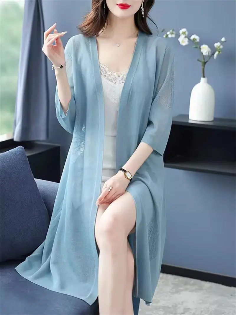 New Women's Mulberry Silk Cardigan Summer Thin Knit Jacket,Lightweight Shawl Cover-Up, Beach Office Air Conditioning Coat K1742
