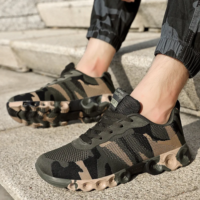 Spring and summer fly-woven camouflage sports single  breathable mesh hollow student military training men's shoes