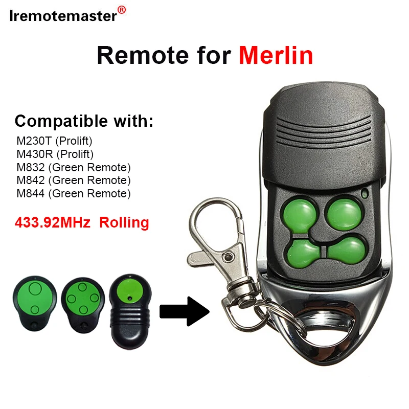 

For Merlin M842 M832 M844 Garage Door Remote Control 433MHz Gate Key Fob Green Buttons