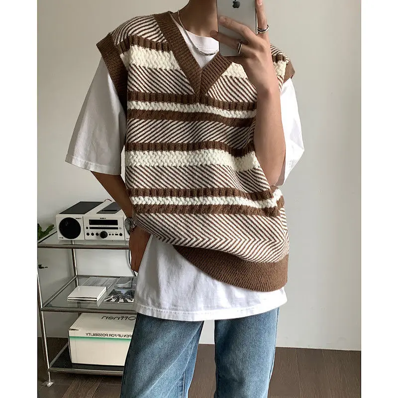 Autumn New Color Block Striped Sweater Vest for Men Korean Fashion Casual Loose Sleeveless Knitted Sweater Vests Men and Women