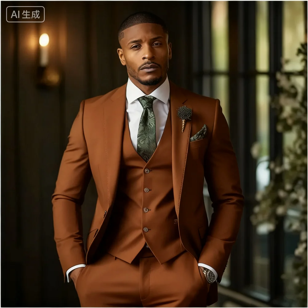 남성용 슬림핏 더블 브레스티드 조끼와 바지 정장, 신랑 턱시도, 비즈니스 정장, 웨딩 파티, 로즈 레드, 3피스