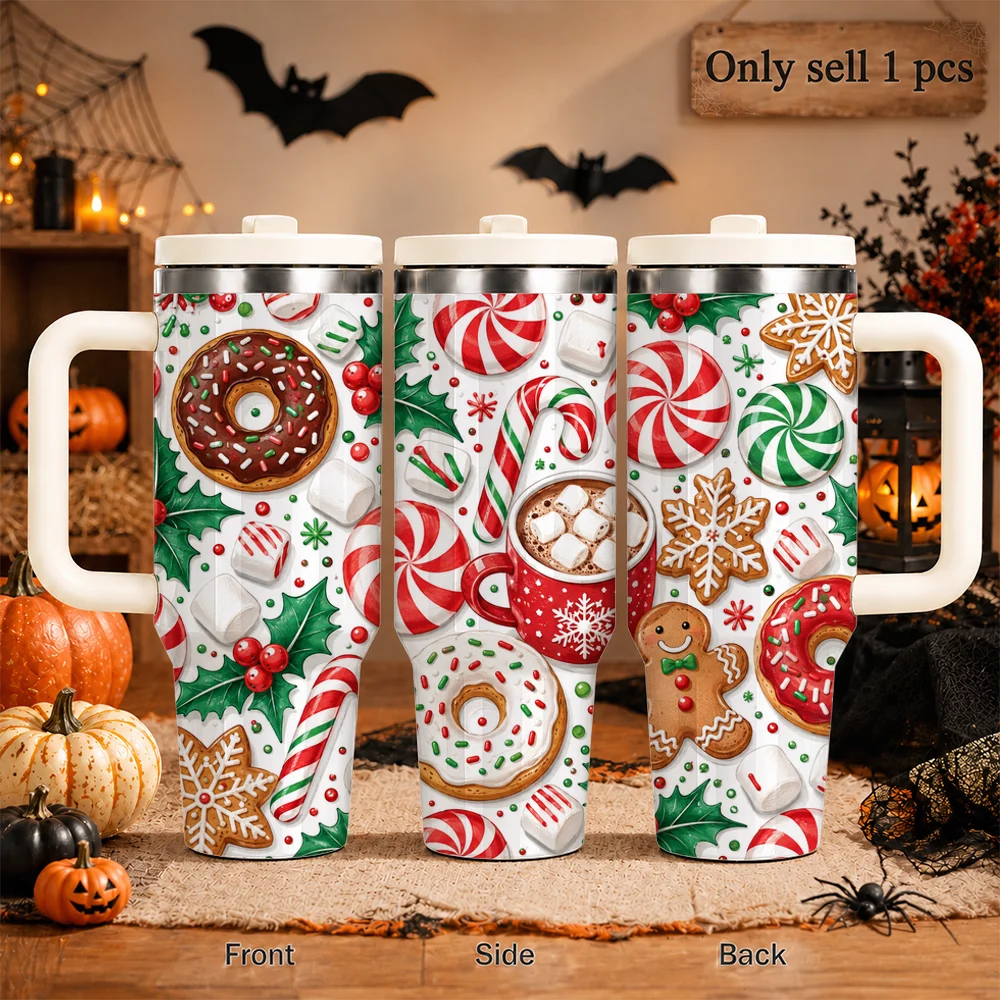 Cute Gingerbread Candy Treats Vacuum Flasks 40oz Large Capacity Stainless Steel Tumbler with Handle Straw Lid Insulated Mug Cup