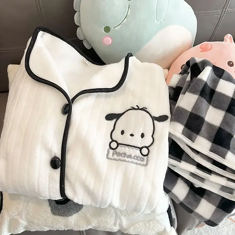 Cute Cartoon Pochacco Pajamas Anime Embroidered Plush Cardigan Winter Style Thickened Warm Kawaii Homewear Set Girls Gift