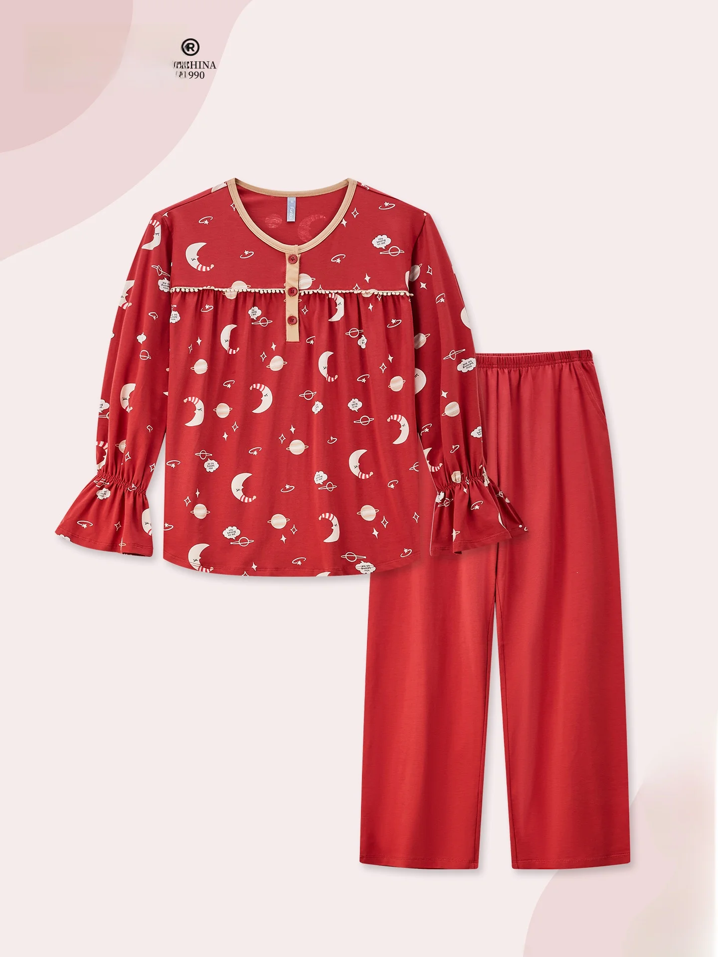 

Pure Cotton Red Fortunewear Sleepwear Set for Marriage Wearable Outdoors Home Clothes Casual Style Knitted Fabric for All Ages