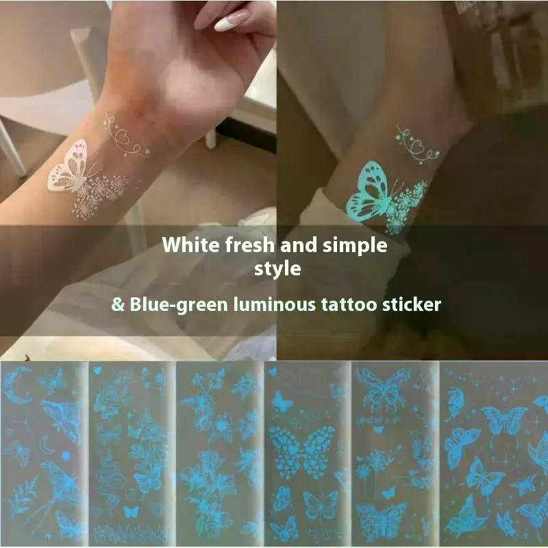 

6pcs Blue Luminous Glow Waterproof Temporary Tattoo Sticker Line Star Butterfly Flash Tatto Women Men Arm Body Art Fake Tattoos