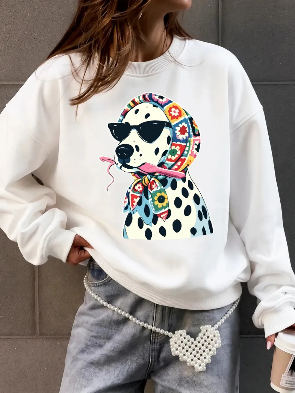 Blumenmuster Kopftücher Gepunktete Hunde-Prints Sweatshirts Damen Lose Basic-Hoodies Fleece Warme Rundhals-Pullover Winter Damen-Oberteile – Detail 11