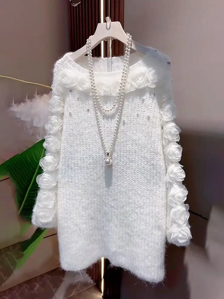 Women Knit Dress Long Sleeve Hollow Out Rose Pattern Winter Warm Elegant Casual Loose Sweater Dress