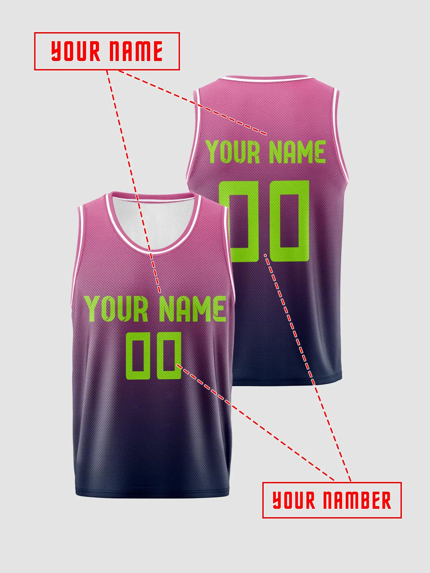 Pink‑Purple‑Blue Gradient White Trim Custom Basketball Jersey, Print Name Number, Quick Dry for Kids Adults