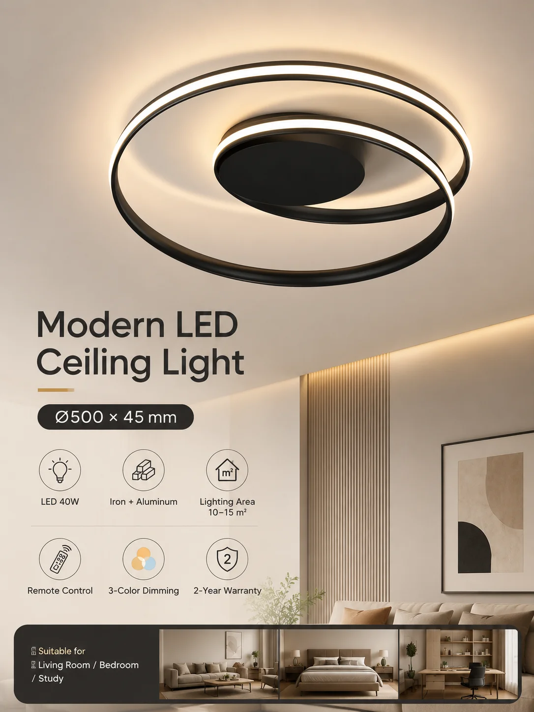 Modern Swirl Ring LED Ceiling Light, Black Metal Multi-circle Flush Mount Lamp for Living Room Bedroom Home Decor