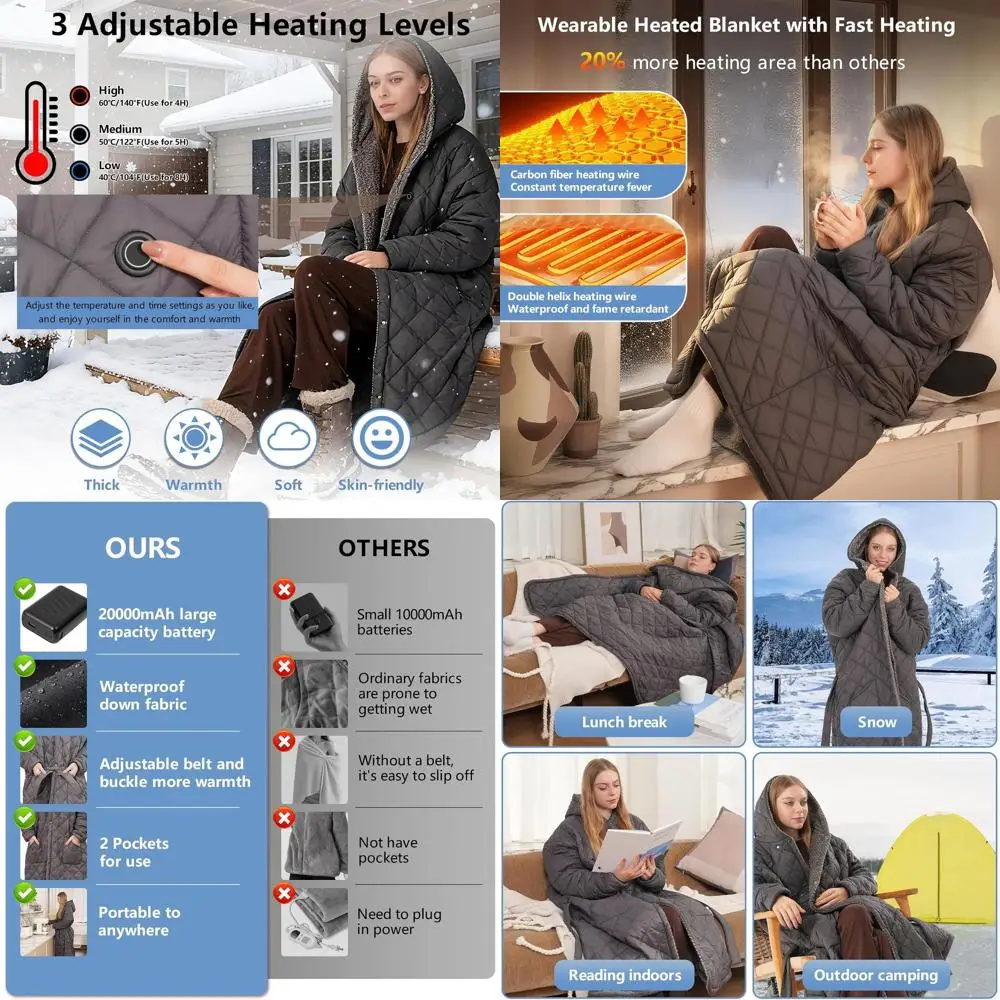 

Cordless Heated Blanket, 20000mAh, Wireless Wearable Electric Throw for Women, 45x32 Outdoor Heating Robe