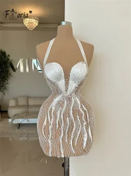 Sexy Pearls Mini Cocktail Dress Lace 2024 White Halter Luxury Prom Dress Ruched See Through Graduation Vestidos Beading Chic