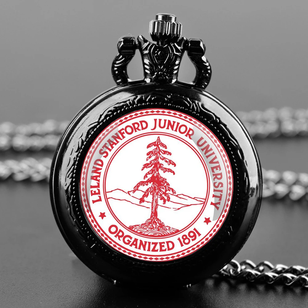 Stanford University Logo Design Quartz Pocket Watch with Chain Necklace Vintage Souvenir Gifts Clock Chain Mens Women