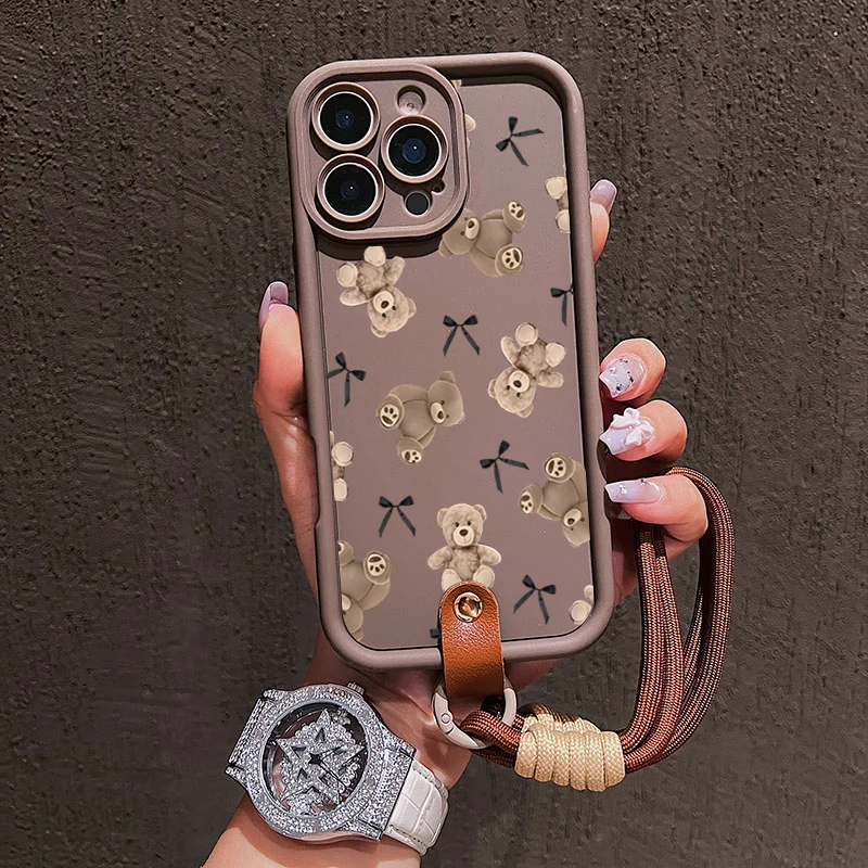 Niedliche Schleifenbär-Handyhülle mit Lanyard für iPhone 14 15 16 17 Pro Max 14 13 12 11 Pro Plus Stoßfeste Matte Silikonhülle – Detail 7