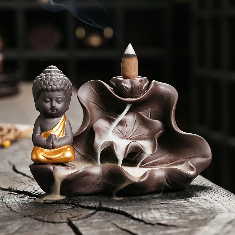 Cross-Border Purple Clay Ornament Creative Lotus Leaf Small Buddha Waterfall Backflow Incense Burner Cra