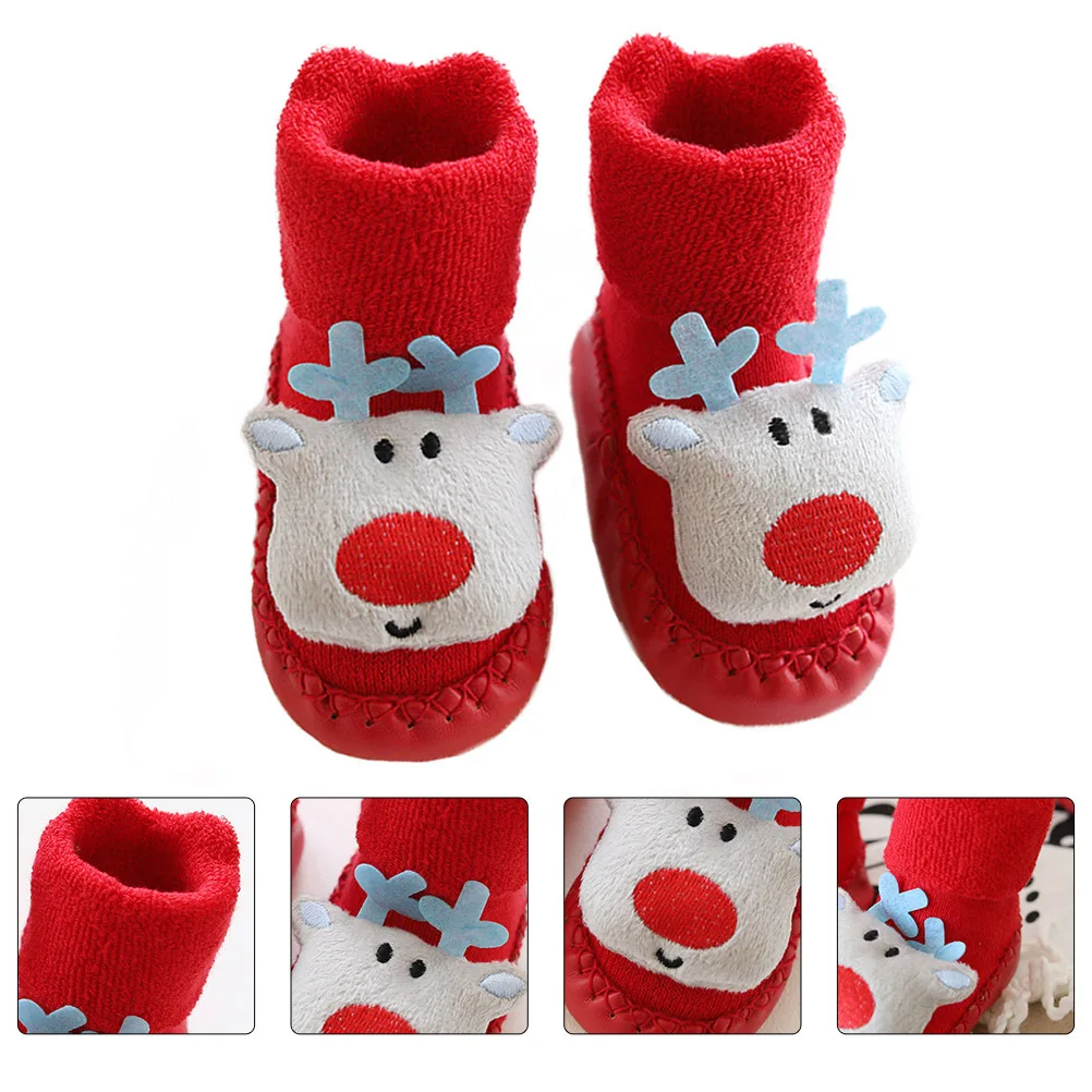 1 par de meias infantis de natal, meias macias e quentes antiderrapantes para crianças pequenas, calçados fofos com padrão de fawn azul, meias quentes para crianças