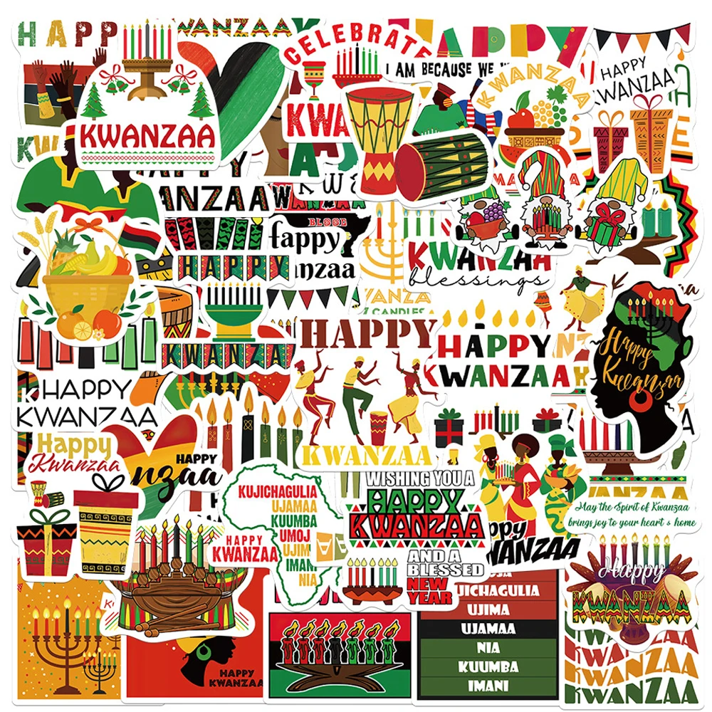 10/30/50pcs Cartoon Happy Kwanzaa Stickers Assorted African American Kinara Candles Decal Laptop Car Motorcycle Graffiti Sticker