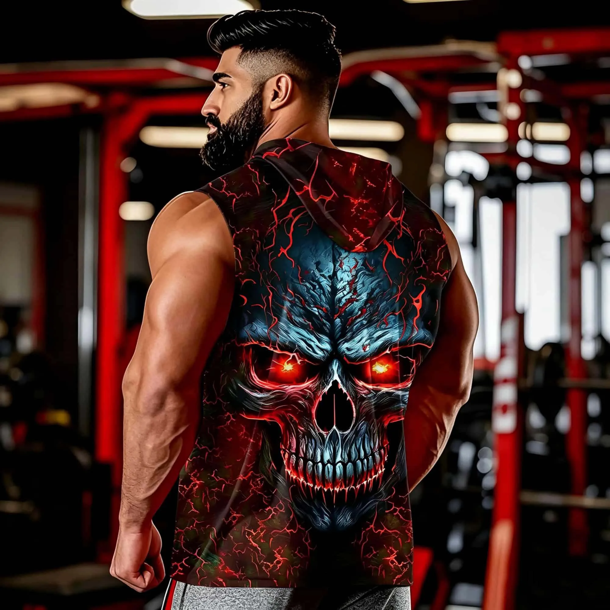Dark Hip Hop Sleeveless Hooded Tank Top 3D Glow Skull Graphic For Men Soft Breathable Punk Retro Casual Sleeveless Shirt