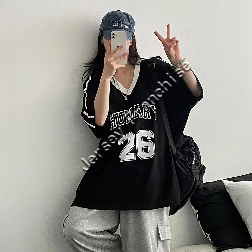 

New Popular Fashion Street Sports Tops Loose Short-sleeved Women's Tops T-shirts All-match High Street Retro Sports T-shirt Moto