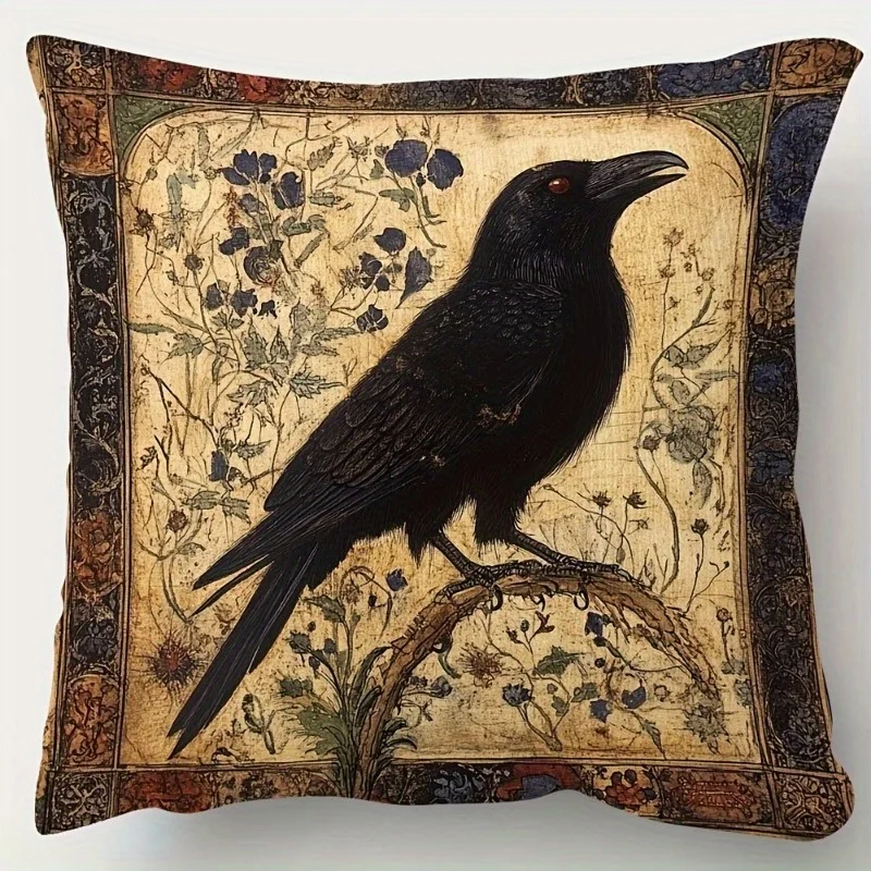 [Vintage Raven Pillowcase] Vintage Raven Medieval Art Throw Pillowcase | 1pc 18x18 Inch Soft Short Plush Double-Sided Cover with Zipper Closure, Polyester, Hand Wash Only, Mixed Color Contemporary Print for RV Bedding, Living Room, Bedroom Decor, Rustic