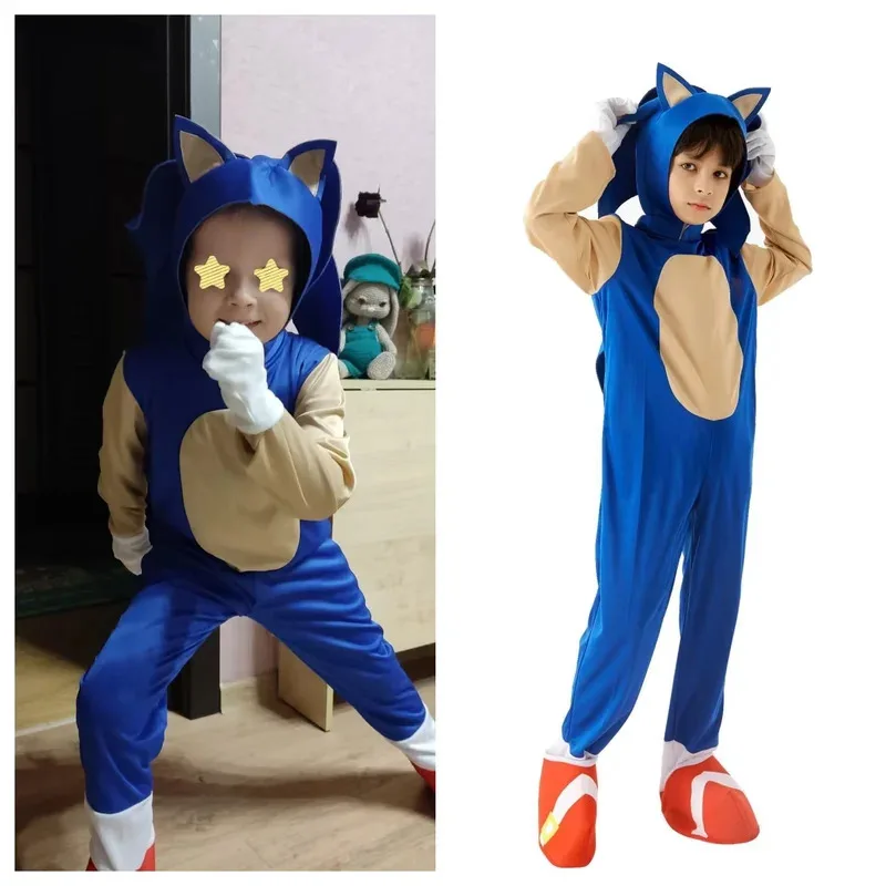 

New Halloween Costume Blue Sonic Costume Children's Performance Costume Headwear Gloves Full Set Anime Cosplay Jumpsuits