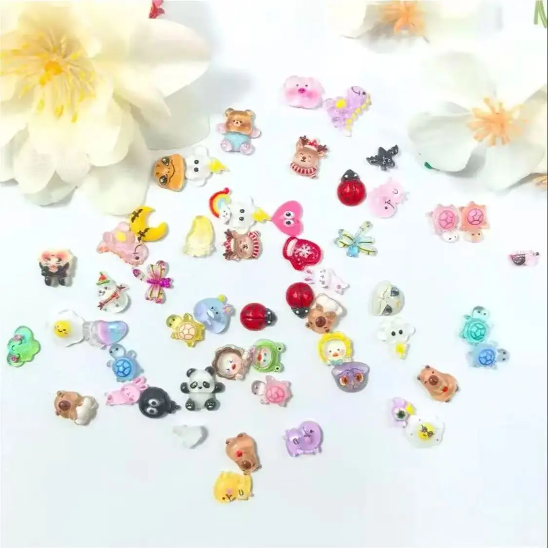 100PCS Mixed Kawaii 3D Cartoon Resin Nail Charms Colorful Mini Animal Flower Flatback Gems DIY Manicure Slime Craft Decor