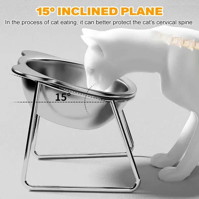 15° Tilted Elevated Cat Dog Bowl 304 Stainless Steel Anti-Cervical Spondylosis Pet Feeder Non-Slip Base for Small Medium Pets