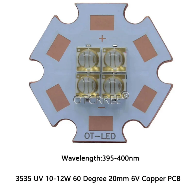 10W-12W Epiled 3535 Ultra Violet UV 365nm 380nm 395nm 420nm 4Chips High Power Led Lamp 3V/7V/14V Light Source 20mm Copper PCB