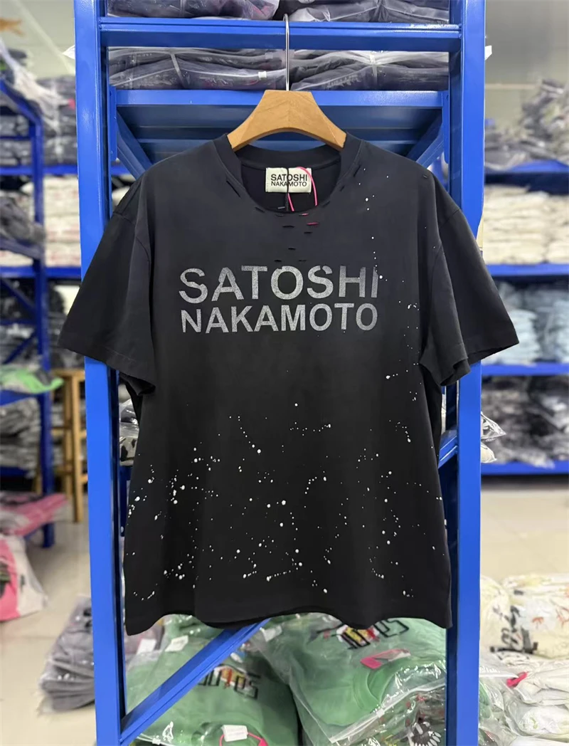 Summer SN Splashed Ink Letter Printed Loose Washed Vintage Short Sleeve High Street Casual Cotton Men Versatile Trendy T-shirt