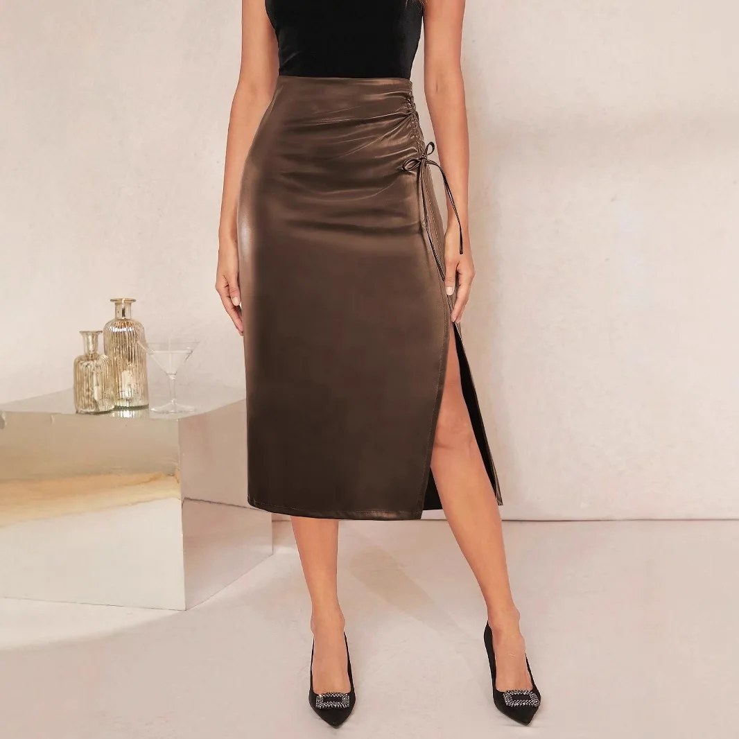 Women's PU Leather Solid Color Midi Skirt Fashionable Pleated Lace-up Side Slit High Waist Bag Hip Skirt Nightclub Street Wear