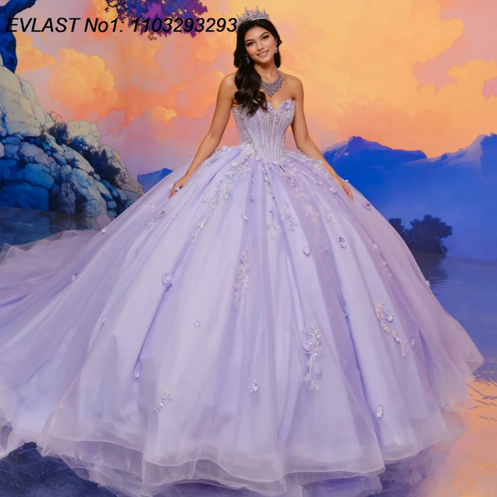 

EVLAST индивидуальное блестящее сиреневое бальное платье Quinceanera платье с цветочной аппликацией и бантом из бисера Sweet 16, Vestidos De 15 Anos E1QN246