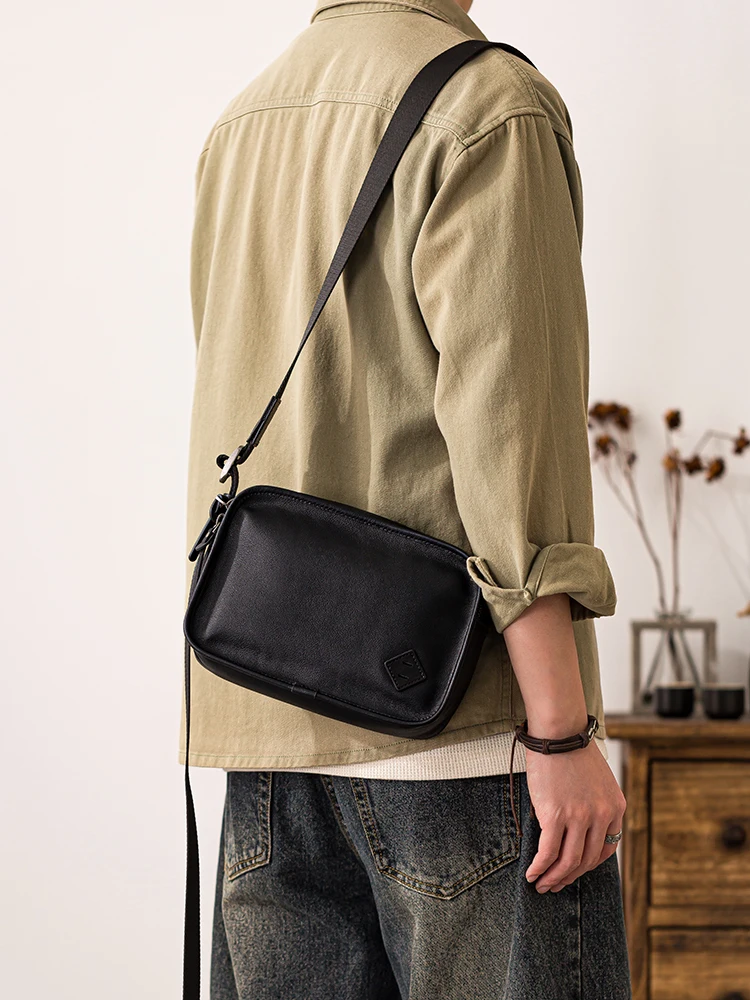 Simple casual high-quality first layer cowhide men crossbody bag outdoor daily work handmade genuine leather black shoulder bag