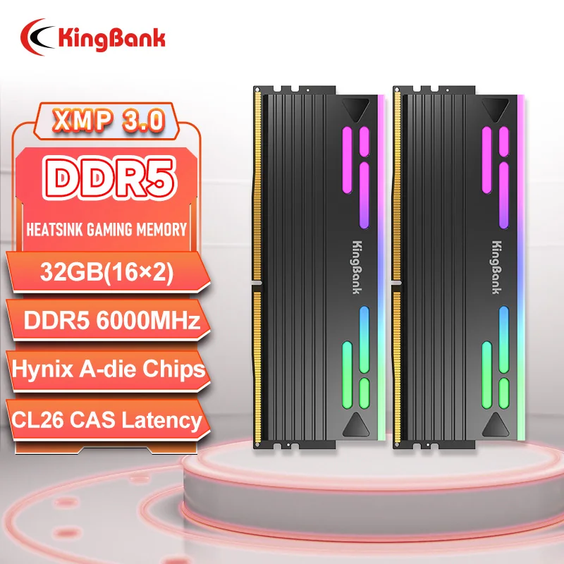 

KingBank 32 ГБ DDR5 16 ГБx2 6000 МГц Черный комплект памяти RGB Hynix a Die CL26 Разгонный модуль оперативной памяти для высокопроизводительных систем