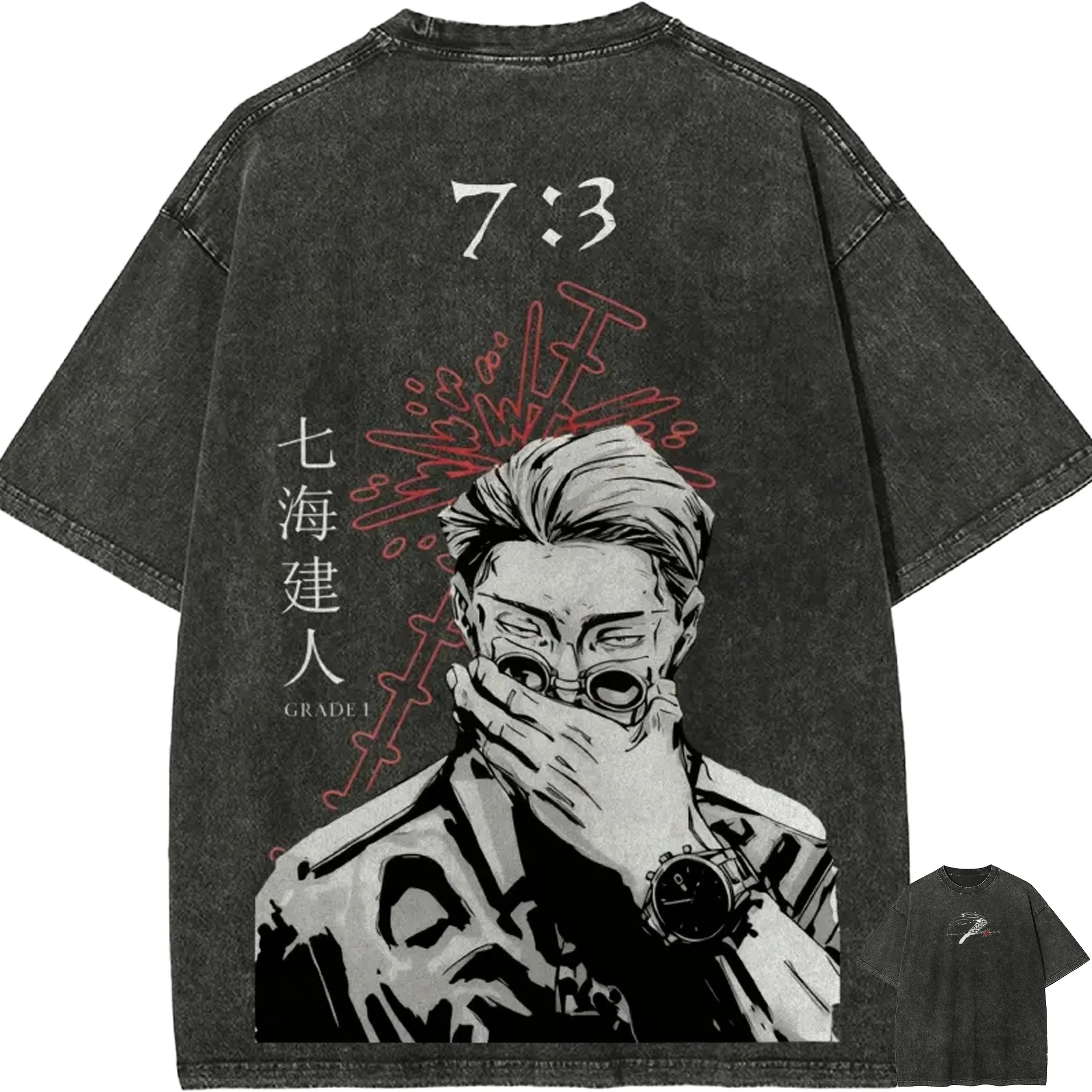 

Футболка Kento Nanami для мужчин, Jujutsu Kaisen, соотношение 7:3, винтажная, с эффектом кислотной стирки, уличная одежда, оверсайз, ретро, с японским аниме-принтом