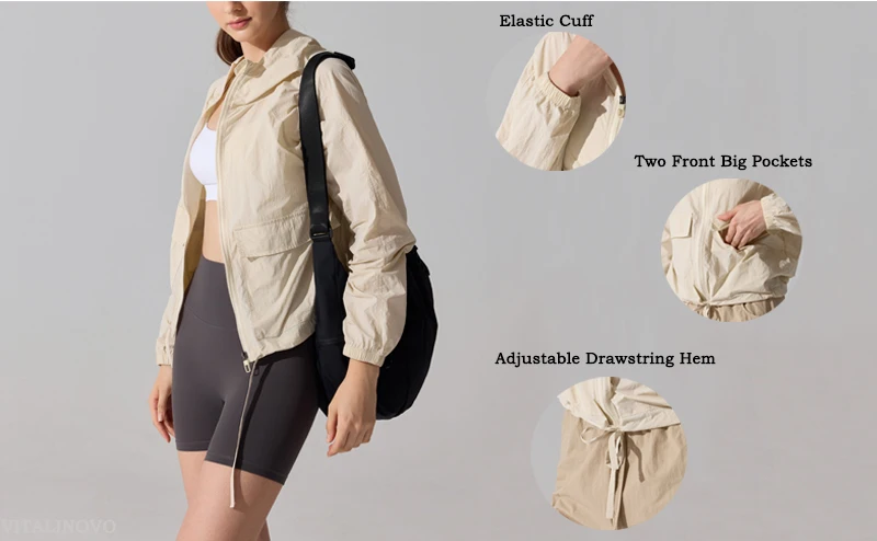 VITALINOVO Leichte Regenjacke für Damen, wasserdicht, durchgehender Reißverschluss, langärmelig, Sportjacke mit Kapuze, Windjacke zum Wandern – Detail 4
