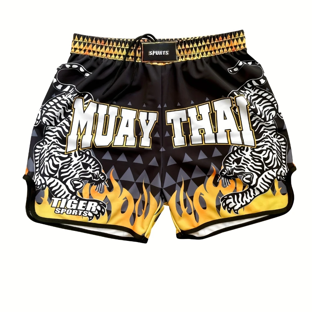 

New Men’s Boxing Shorts-Black & Yellow Flame Design Printted Training Shorts for Running and Boxing Shorts, Comfortable Fit