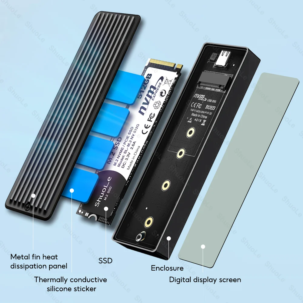 M.2 NVMe SATA SSD 인클로저 비주얼 스마트 SSD 케이스 USB 3.2 Gen 2 10Gbps NVMe PCI-E 20Gbps