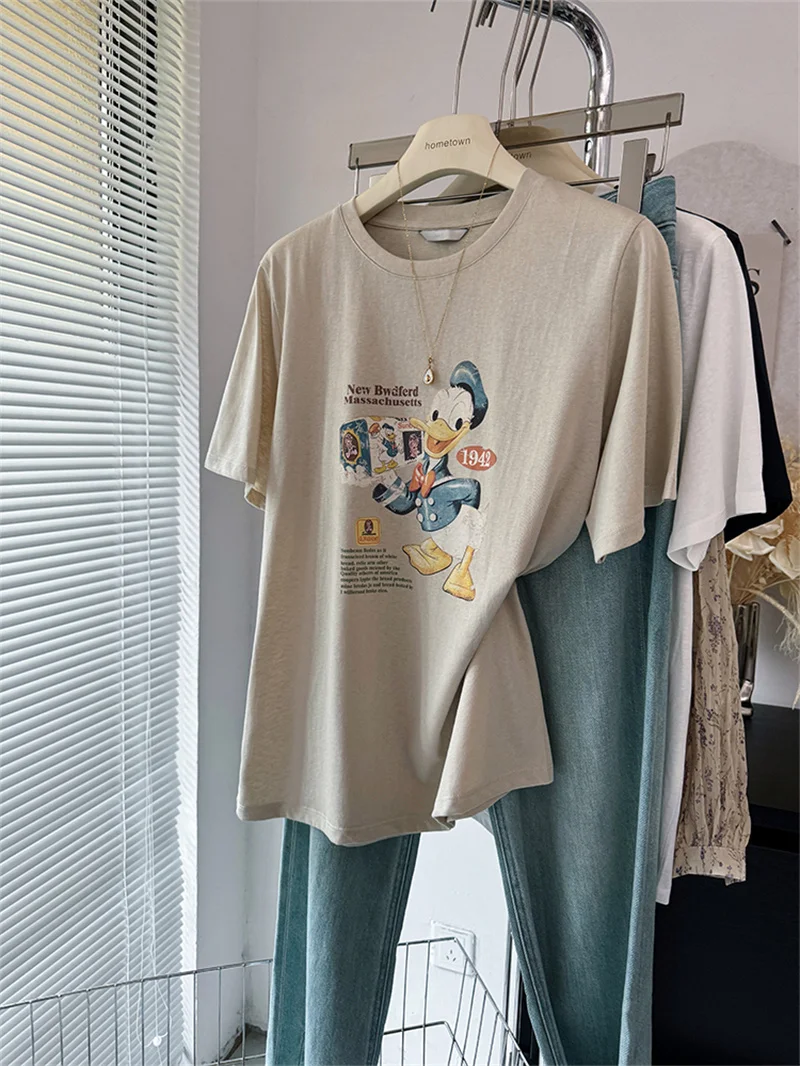

Cool Snowflake Cotton Short Sleeve T-Shirt Women's Summer Loose Base Shirt Top American Retro Cartoon Print Loose Fit Cotton Tee