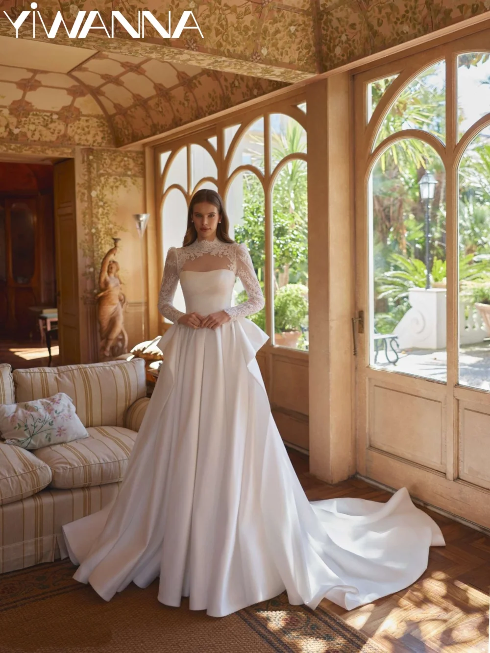 New Arrival Satin Long Wedding Dress Modest Lace High Collar Bridal Gown Customized Charming A-line Elegant Dresses For Bride