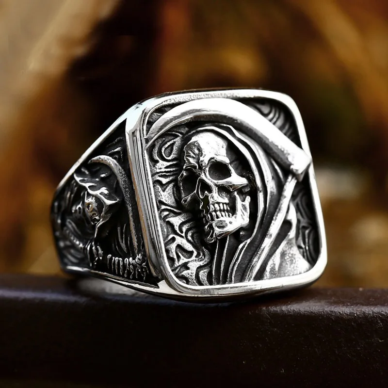 2023 Vintage Mens 316L Stainless Steel Rings for Men Death Sickle Domineering Skull Ring Men's Hip-hop Punk Party Jewelry Gift