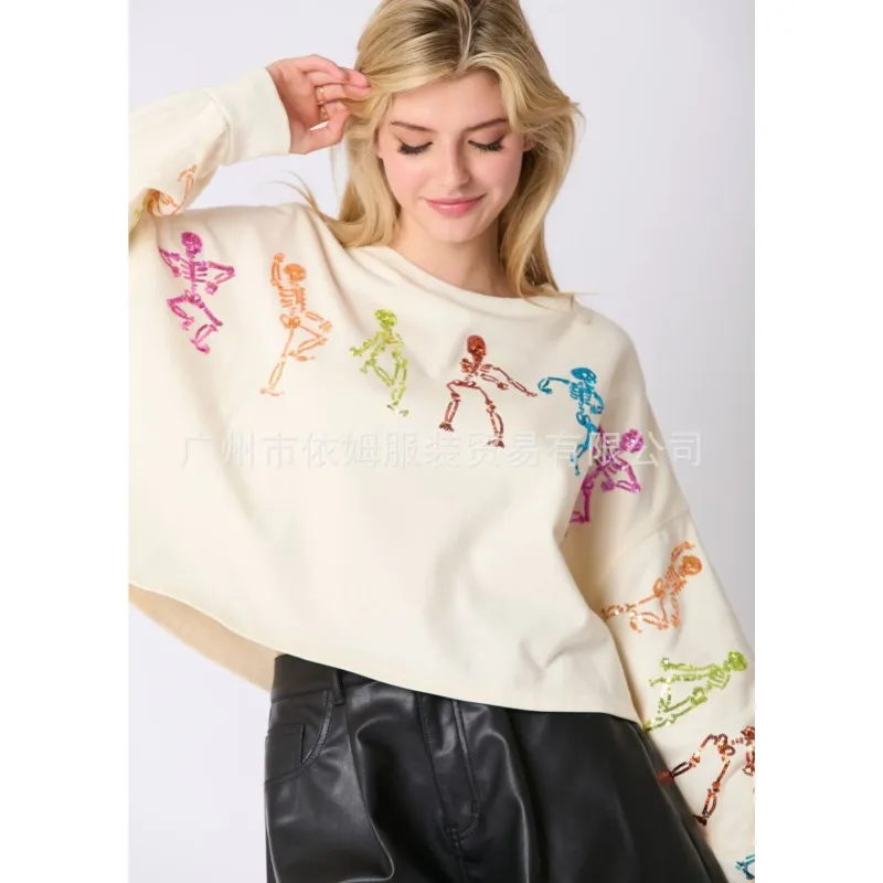 Glitter Patchwork Printed Hoodies Autumn Winter Vintage Tshirt Harajuku Loose Long Sleeve Streetwear Women Clothes Halloween Top