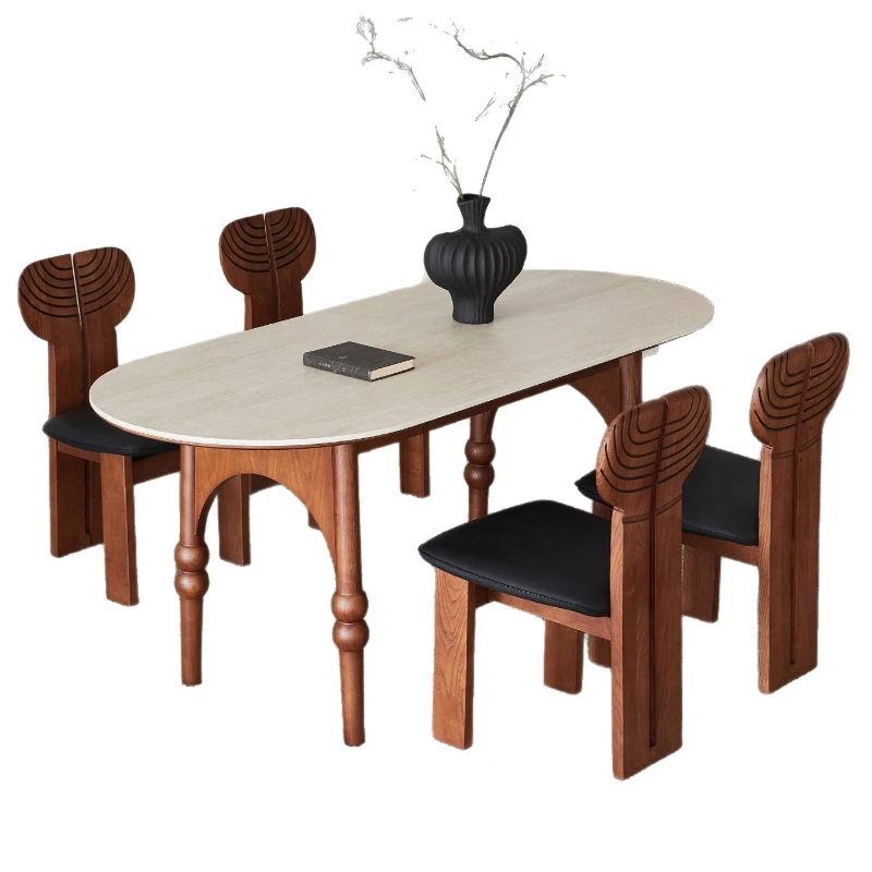 French medieval ash wood solid wood dining table travertine rock slab household small apartment oval walnut color dining table