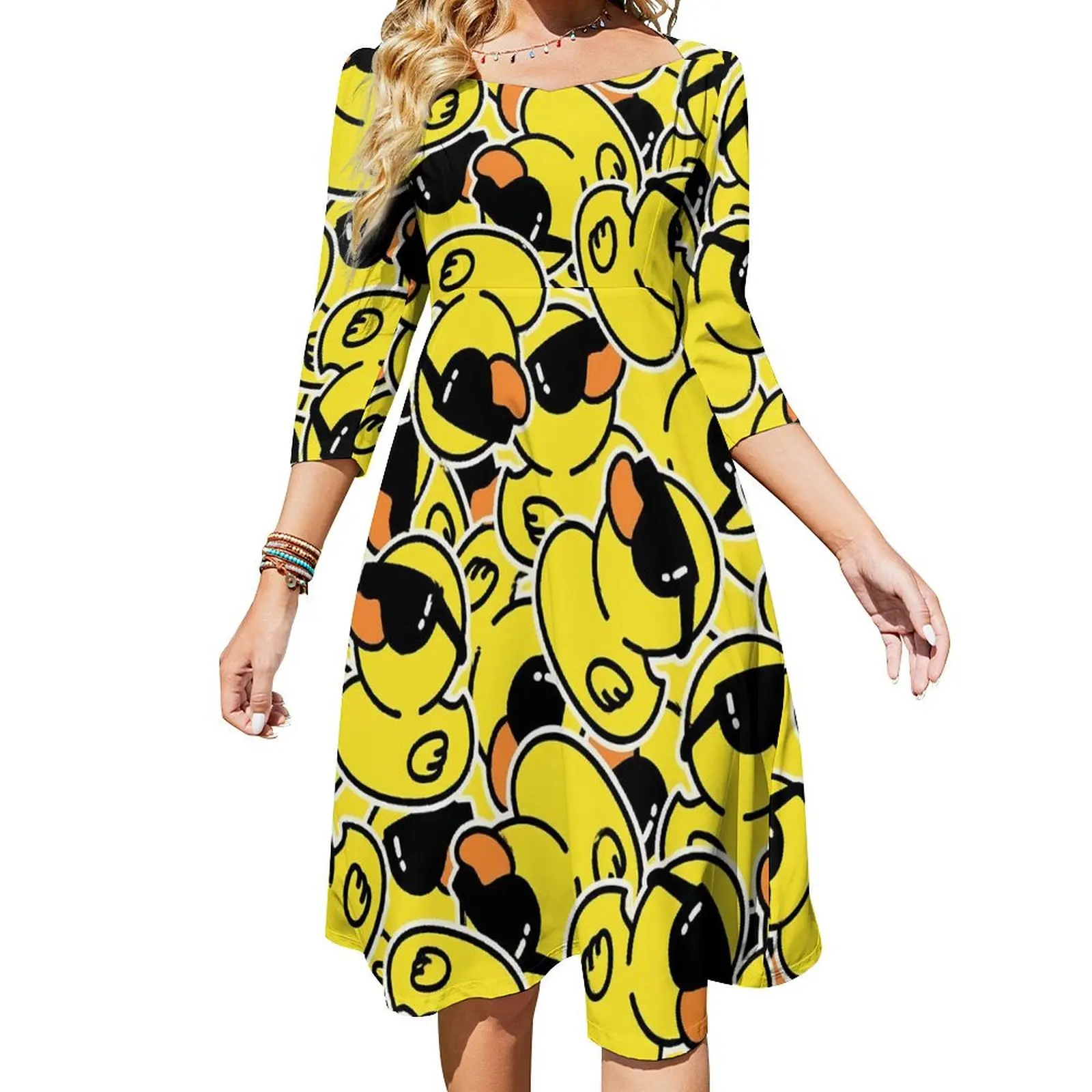 

Cool Ducks Print Casual Dress Woman Cute Ducklings Stylish Dresses Elegant Dress With Bow Spring Oversized Vestido