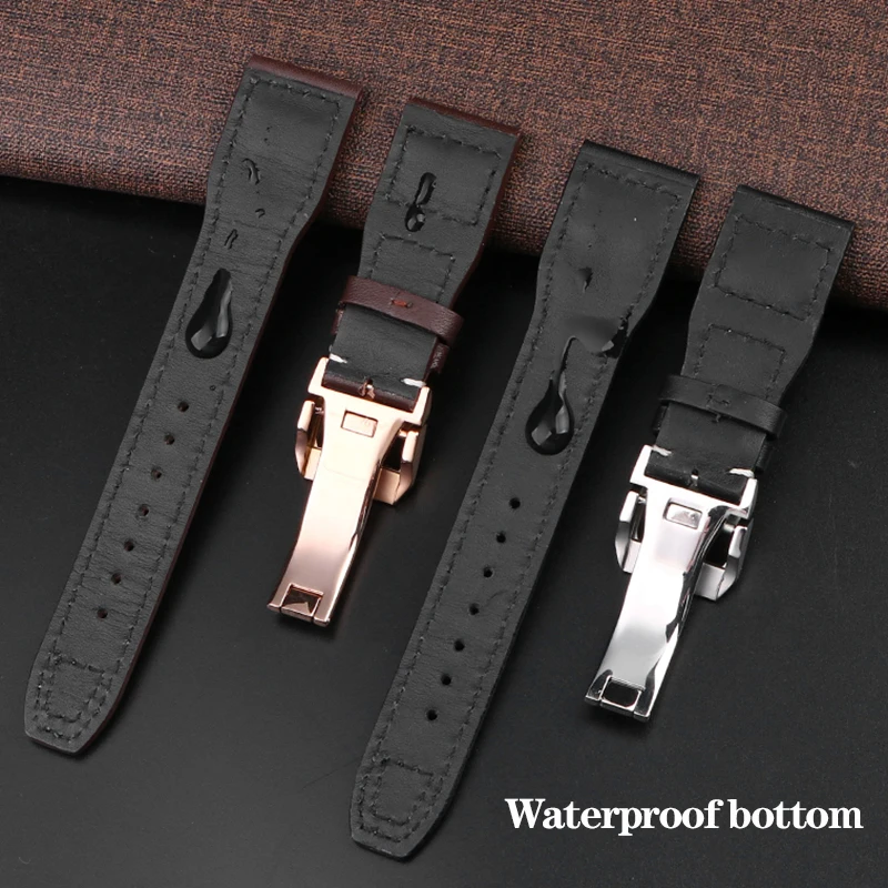 21mm 22mm Genuine Leather Watch Band for IWC PILOT Mark IW500916 Cowhide Strap Bamboo Grain Rivets Watchband Brown Black Blue