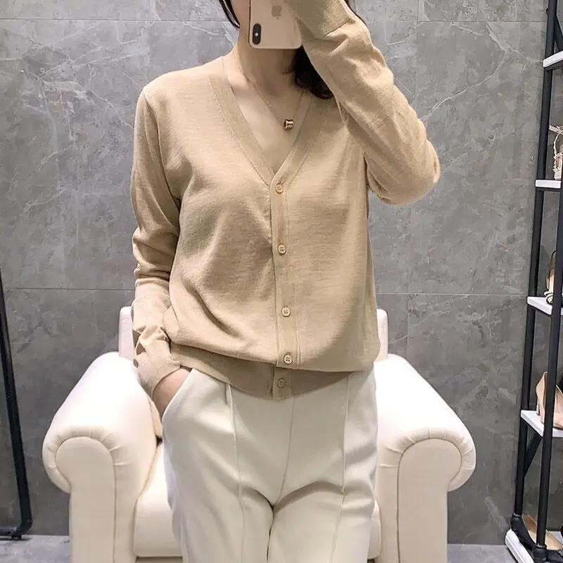 

Весна 2023, женский вязаный открытый кардиган с v-образным вырезом, свободный шерстяной тонкий свитер, верхняя одежда, корейский топ, длинный свеч